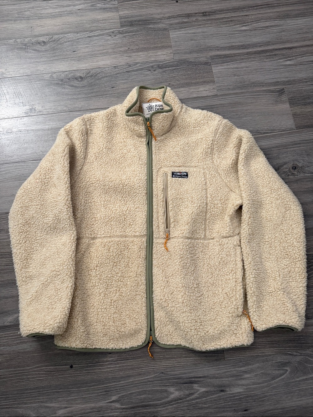 Alpine Design Cream Sherpa Full-Zip Jacket with Olive Trim - size L